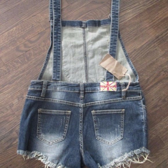 NWT MACHINE NOUVELLE MODE Dark Wash Patches Raw Hem Short Denim Overalls - Picture 9 of 10